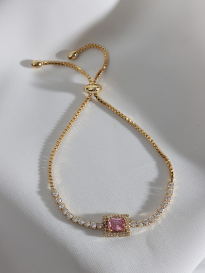 Pembe Baget Taşlı Gold Renk Asansörlü Zircon Su Yolu Bileklik