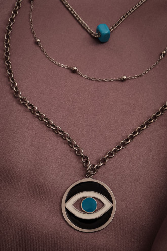 Mavi Boncuklu Göz Figürlü 3'Lü Gümüş Renk Kolye