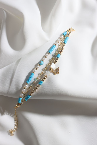 3Lü Kelebek Uçlu Mavi Renk Fimo Boncuklu Bileklik