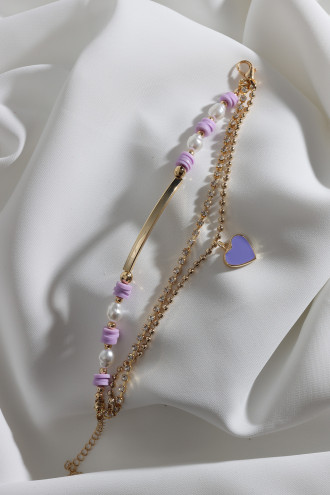 3'Lü Lila Fimo Boncuklu Şerit Kalp Bileklik