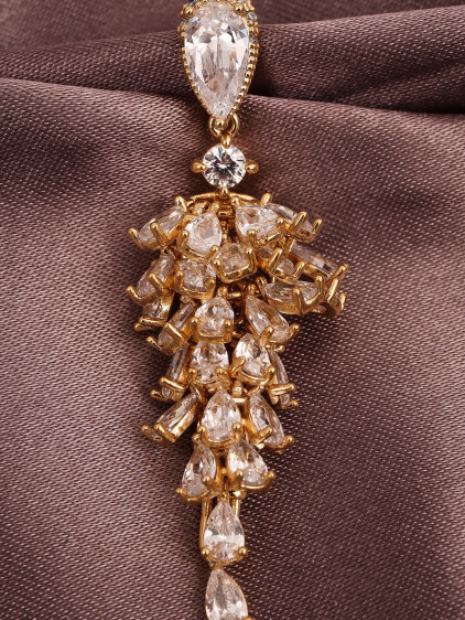 Gold Renk Zircon Taşlı Süzme Sallantılı Abiye Küpe