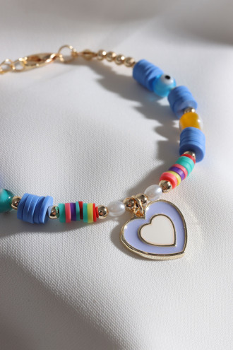 Mavi Fimo Boncuklu Lila Mineli Kalp Bileklik