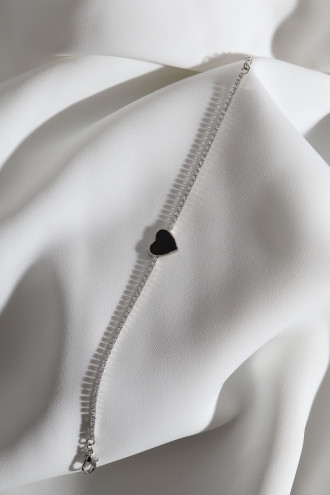 Sıyah Mineli Kalp Figür Su Yolu Gümüş Renk Bileklik