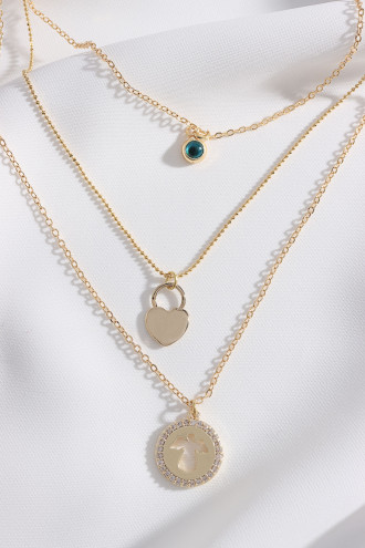 Melek-Kalp Uçlu 3'Lü Gold Renk Uzun Kolye