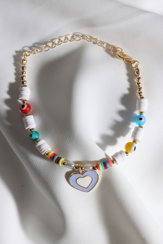 Beyaz Fimo Boncuklu Lila Mineli Kalp Bileklik