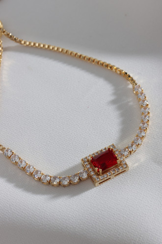 Kırmızı Baget Taşlı Gold Renk Asansörlü Zircon Su Yolu Bileklik