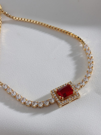 Kırmızı Baget Taşlı Gold Renk Asansörlü Zircon Su Yolu Bileklik