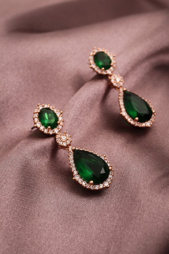 Yeşil Taşlı Rose Sallantılı Abiye Küpe