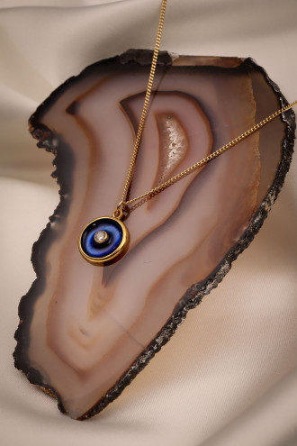 Lacivert Mineli Tek Taş Gold Renk Kolye