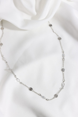 Badem Taşlı Pul Detay Gümüş Renk Zincir Kolye
