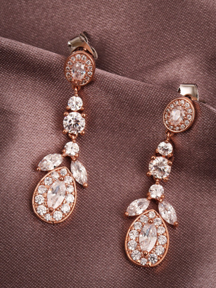 Zircon Taşlı Sallantılı Rose Abiye Küpe