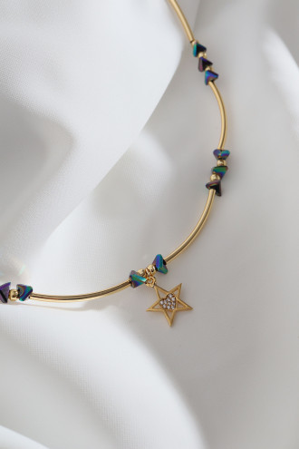Yıldız Uçlu Mor Boncuk Boru Detay Gold Renk Kolye