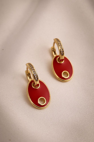 Düğme Model L Kırmızı Mineli Gold Renk Taşlı Halka Küpe