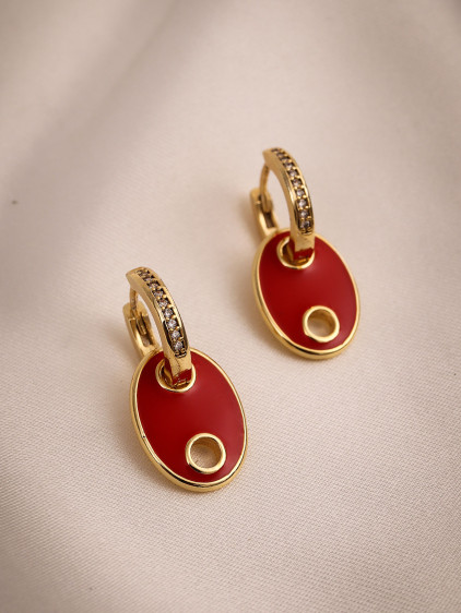 Düğme Model L Kırmızı Mineli Gold Renk Taşlı Halka Küpe