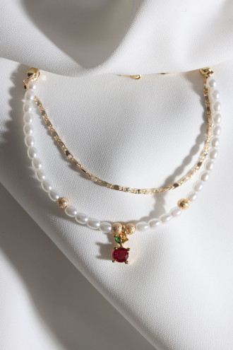 2'Li İnci Ve Gold Renk Zincirli Kırmızı Taşlı Elma Uçlu Bileklik