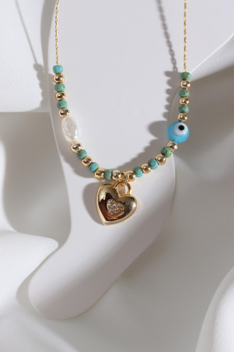 Boncuklu Zircon Taşlı Kalp Sallantılı Gold Renk Halhal