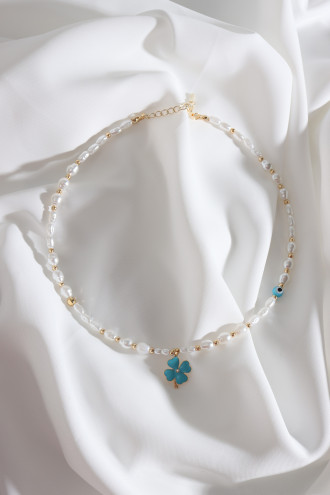Mavi Mineli Yonca Uçlu İnci Kolye