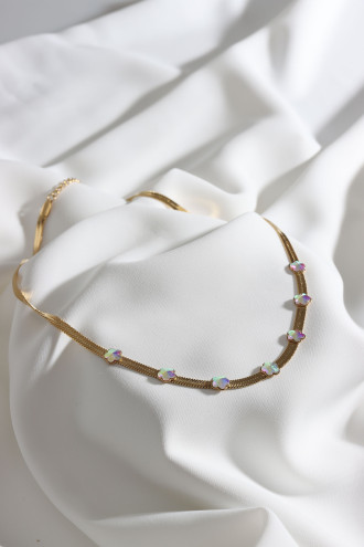 Çiçek Taşlı Italyan Zincir Çelik Gold Renk Kolye