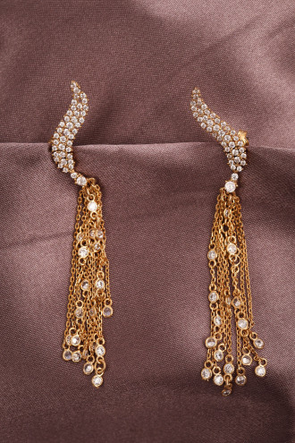 Zincir Sallantılı Taşlı Gold Renk Abiye Küpe