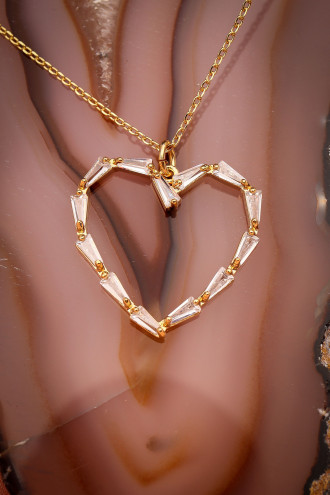 Gold Renk Baget Taşlı Kalp Kolye