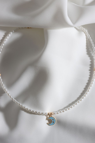 Mavi Mineli Ay Uçlu İnci Kolye