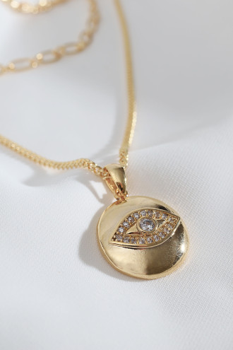 3'Lü Göz Figürlü Gold Renk Zincir Kolye