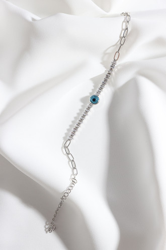 Badem Zircon Taşlı Nazar Boncuklu Zircon Gümüş Renk Zincir Bileklik