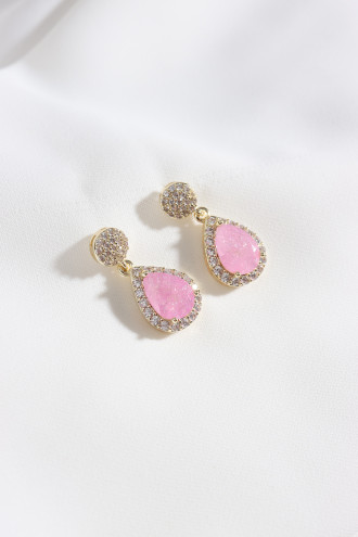 Neon Pembe Taş Gold Renk Damla Küpe