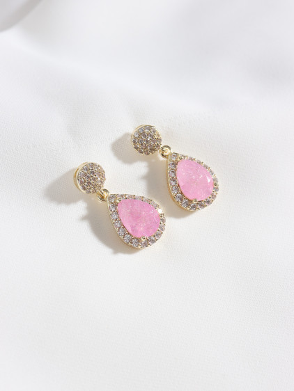 Neon Pembe Taş Gold Renk Damla Küpe