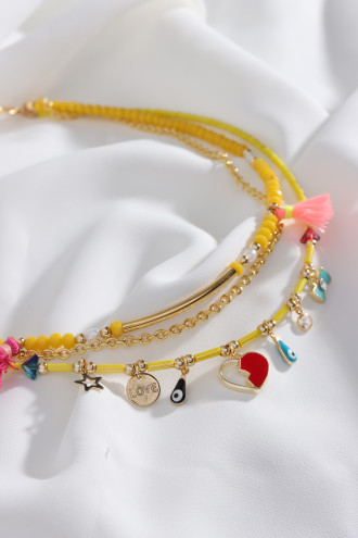 3'Lü Gold Renk Zincir Detaylı Sarı Boncuk Charm Kolye