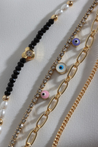 4'Lü Siyah Boncuk Detaylı Gold Renk Çoklu Bileklik