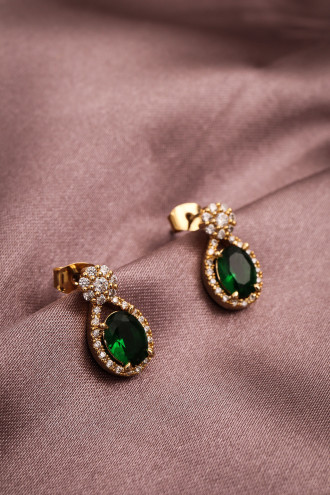 Yeşil Taşlı Küçük Boy Gold Renk Abiye Küpe