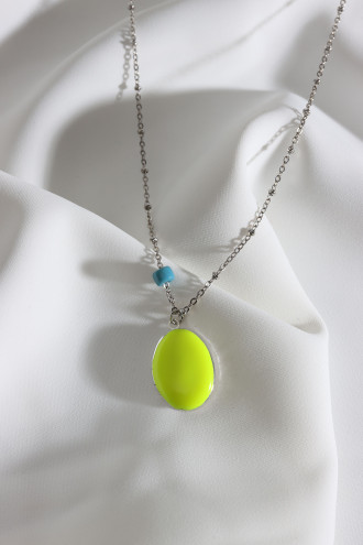 Sarı Mineli Kapaklı Çift Taraflı Kullanıma Uygun Oval Gümüş Renk Kolye