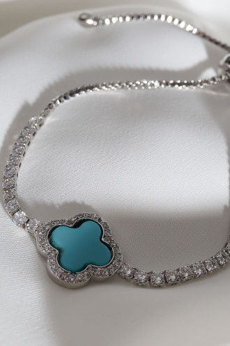 Mavi Mineli Yonca Asansörlü Gümüş Renk Bileklik