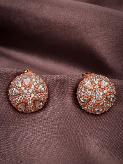 Yuvarlak Zircon Taşlı Gold Abiye Küpe