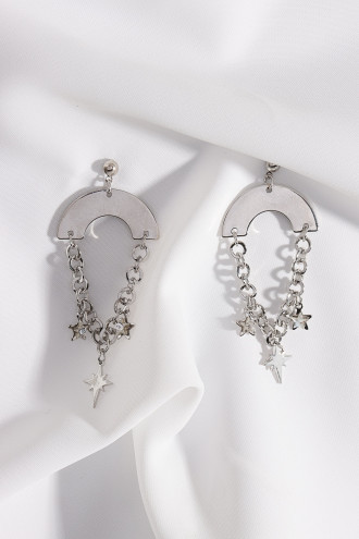 Zincirli Yıldız Sallantılı Gümüş Renk Küpe