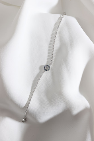 Nazar Figürlü Zircon Taşlı Gümüş Renk Suyolu Bileklik