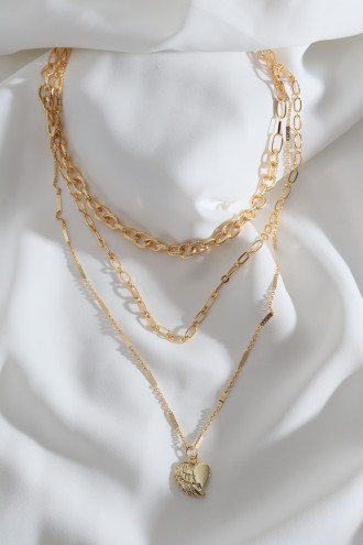 3'Lü Kanatlı Kalp Uçlu Gold Renk Zincir Kolye