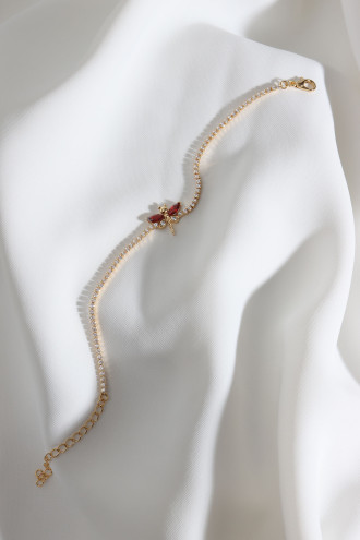 Kırmızı Taşlı Yusufçuk Figürlü Zircon Taş Gold Renk Suyolu Bileklik