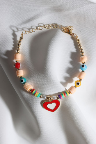 Krem Fimo Boncuklu Kırmızı Mineli Kalp Bileklik