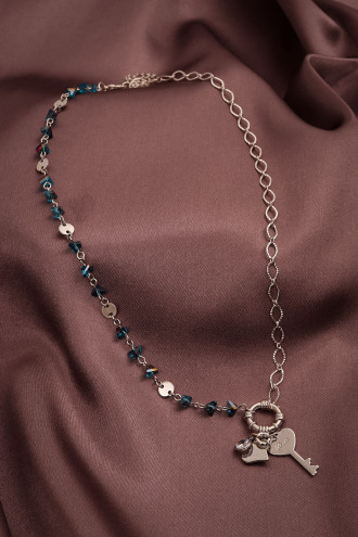 Mavi Kristal Taşlı Gümüş Renk Kolye