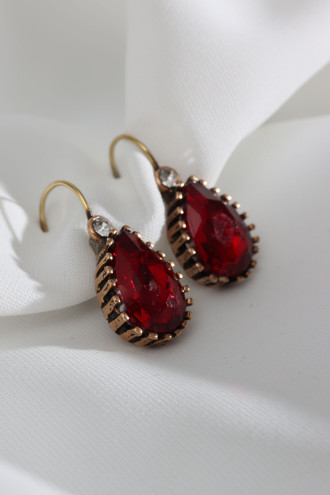 Büyük Boy Kırmızı Taşlı Damla Otantik Küpe