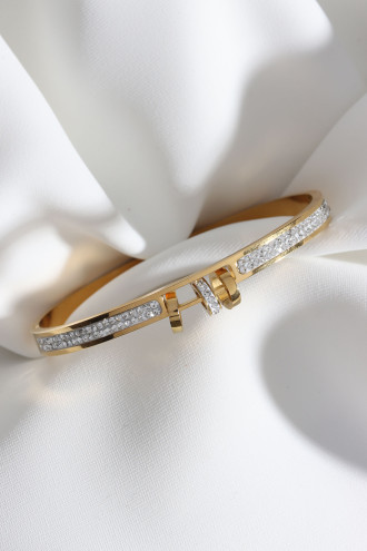 Taşlı Gold Renk Rondela Çelik Kelepçe Bileklik