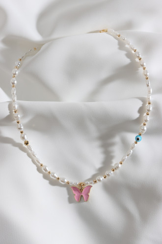 Pembe Kelebek Uçlu İnci Kolye