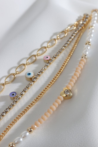 4'Lü Pembe Boncuk Detaylı Gold Renk Çoklu Bileklik