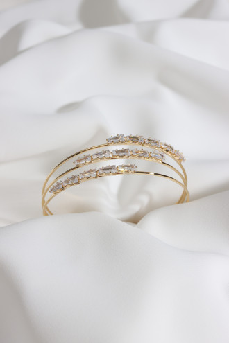 3 Sıralı Baget Taşlı Gold Renk Kelepçe Bileklik