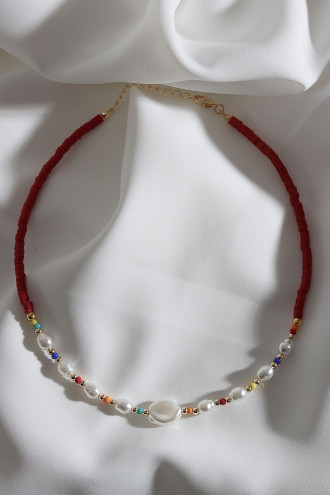 Kırmızı Fimo İnci Detay Boncuk Kolye