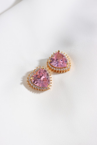 Pembe Taşlı Gold Renk Kalp Küpe