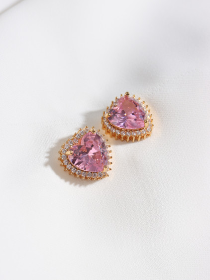 Pembe Taşlı Gold Renk Kalp Küpe