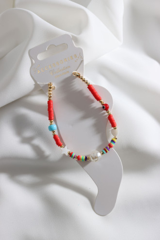 Kırmızı Fimo Boncuklu İnci Uçlu Halhal